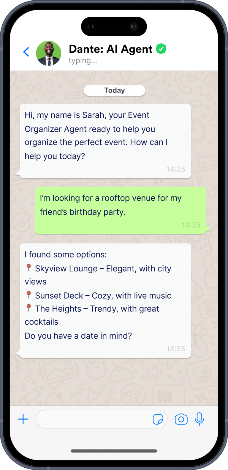 AI assistant handling a customer conversation in WhatsApp